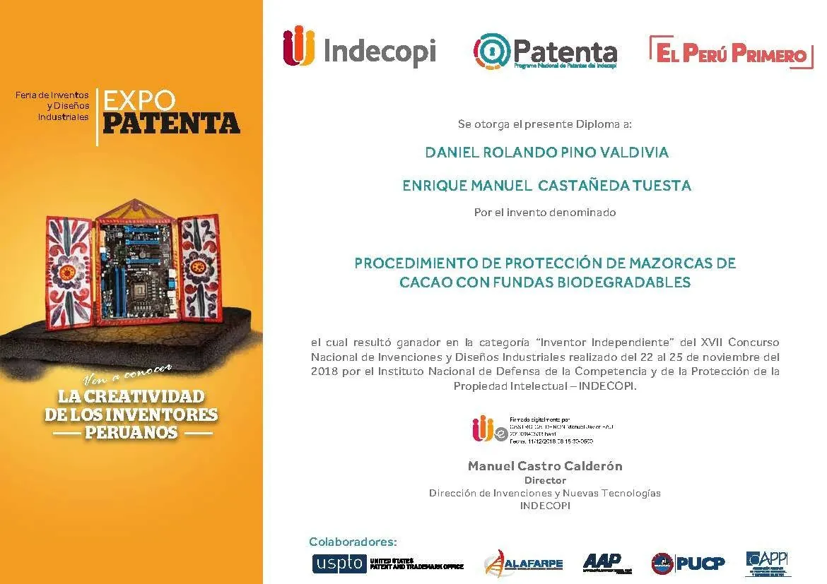 Diploma de ganador general del XVII Concurso Nacional de Invenciones, INDECOPI 2018